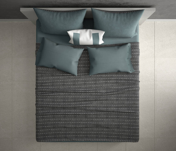 Dormitorio moderno, vista superior, primer plano en cama doble gris y azul, suelo de mármol, diseño interior contemporáneo
 - Foto, Imagen