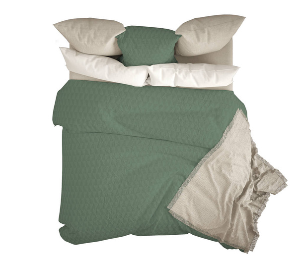 Σκανδιναβική κλασικό μοντέρνο διπλό κρεβάτι με μαξιλάρια, το top view, απομονωμένα σε λευκό φόντο, λευκό και πράσινο εσωτερικό σχέδιο - Φωτογραφία, εικόνα