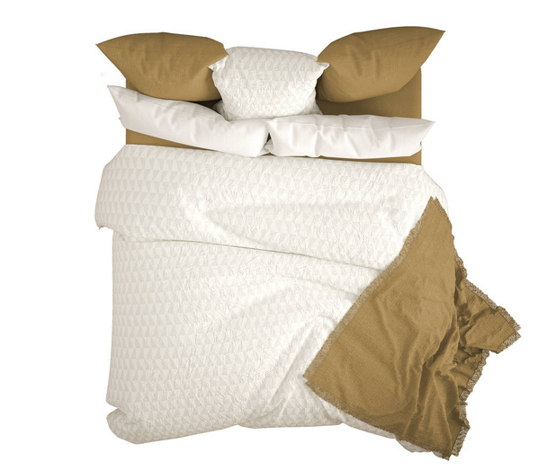 Σκανδιναβική κλασικό μοντέρνο διπλό κρεβάτι με μαξιλάρια, το top view, απομονωμένα σε λευκό φόντο, λευκό και κίτρινο εσωτερικό σχέδιο - Φωτογραφία, εικόνα