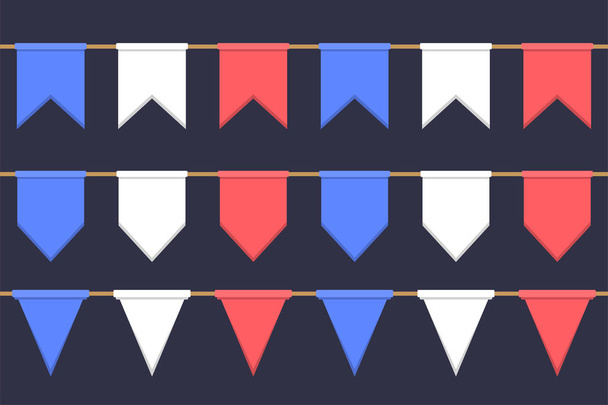 Set di ghirlande con catena di bandiere celebrative, bianco, blu, pennini rossi su sfondo scuro, piè di pagina e banner per la decorazione
 - Vettoriali, immagini