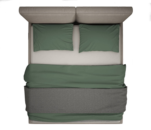 Współczesne nowoczesne łóżko podwójne, widok z góry, na białym tle na białym tle, szary i zielony wnętrz - Zdjęcie, obraz
