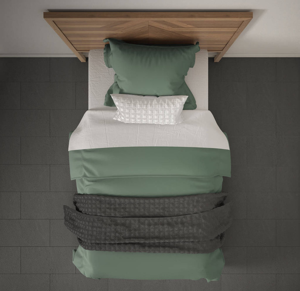 Moderne slaapkamer, bovenaanzicht, close-up Groepophoogniveauinzake houten, grijze en groene bed, marmeren vloer, eigentijds interieur - Foto, afbeelding