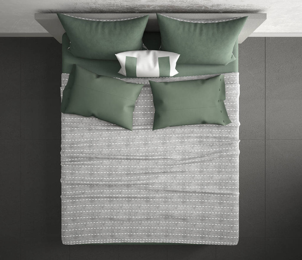 Modern yatak odası, üstten görünüm, closeup Çift Kişilik gri ve yeşil yatakta, mermer zemin, çağdaş iç tasarım - Fotoğraf, Görsel