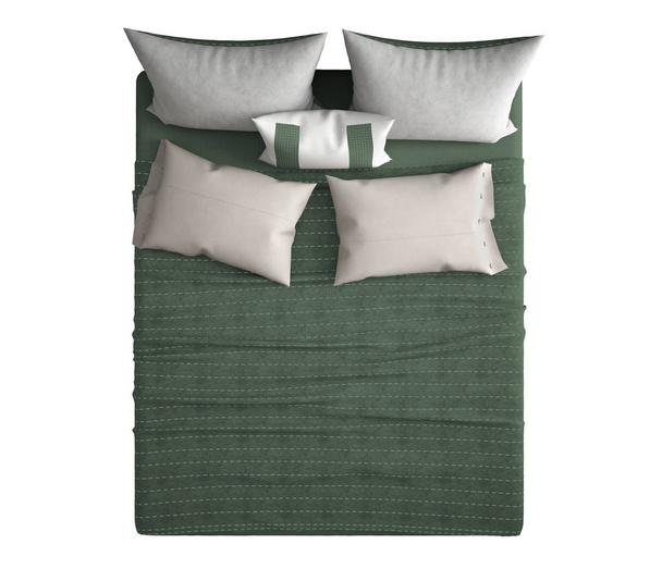 Hedendaagse moderne tweepersoonsbed met kussens, bovenaanzicht, geïsoleerde op witte achtergrond, grijs en groen interieur - Foto, afbeelding