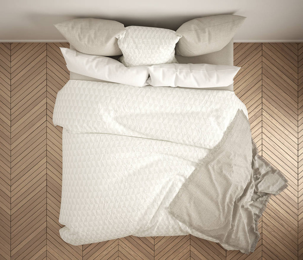 スカンジナビア古典的な寝室、上面図、白とクリームのベッドをダブル、寄木細工の床、現代的なモダンなインテリア デザインのクローズ アップ - 写真・画像