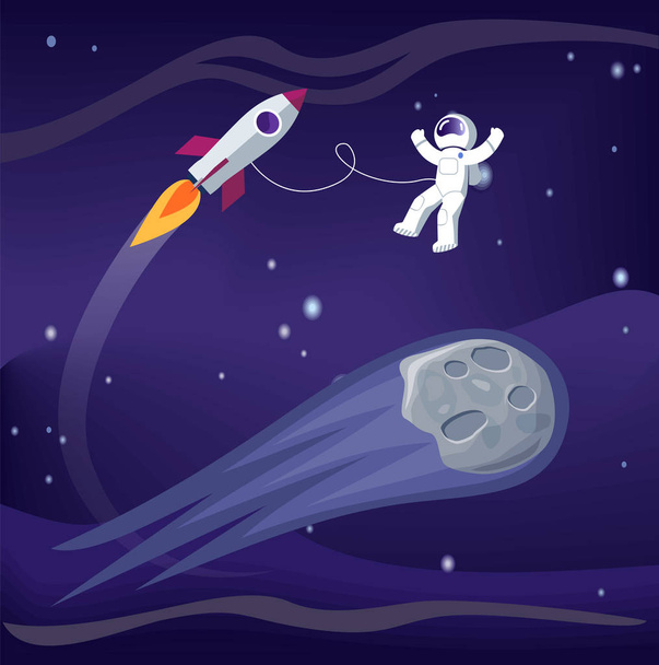Космос і космонавт з космічним кораблем, метеорит і астероїд, плакат з космонавтом на місії, зірки Векторні ілюстрації, ізольовані на синьому фоні
 - Вектор, зображення