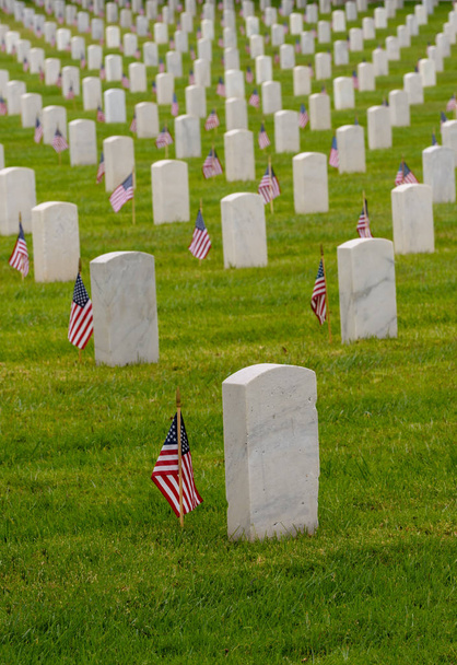 Белые надгробия на Национальном кладбище с небольшими флагами
 - Фото, изображение
