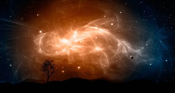 Scena spaziale. Nebulosa arancione e blu con pianeta e albero, silhouette terrestre. Elementi forniti dalla NASA. Rendering 3D
 - Foto, immagini