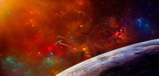 Scène van de ruimte. Kleurrijke nevel met twee ruimteschip en planeet. Elementen ingericht door Nasa. 3D-rendering - Foto, afbeelding
