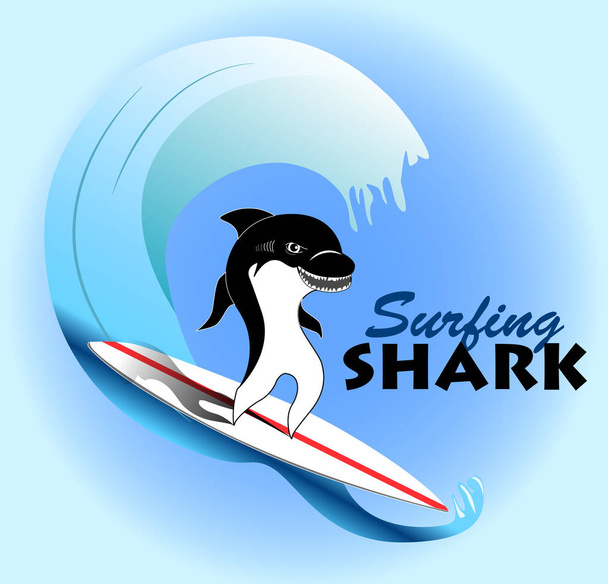 Szórakoztató szörfözés cápa, a kék hullám, vektoros illusztráció - Vektor, kép
