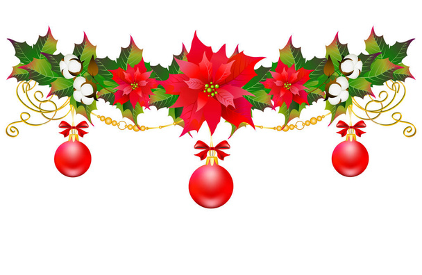 Christmas garland with poinsettia and cotton flowers  isolated on white background, vector, illustration - Vector, Image