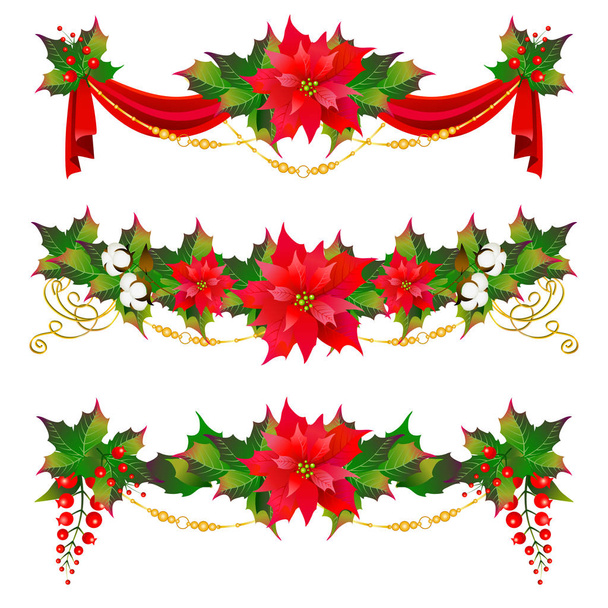 Guirnaldas navideñas con flores de poinsettia y algodón aisladas sobre fondo blanco, vector, ilustración
 - Vector, imagen