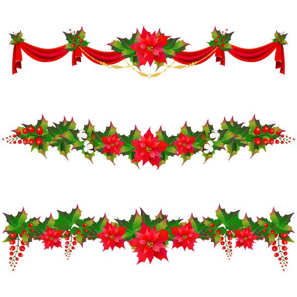 Christmas garlands with poinsettia and cotton flowers isolated on white background, vector, illustration - Vector, Image