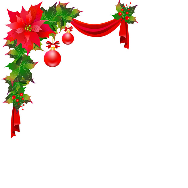 Christmas garland with poinsettia flowers and balls isolated on white background, vector, illustration - Vector, Image