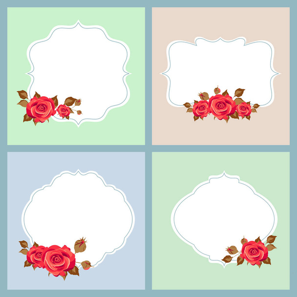 collection of greeting cards with rose flowers and empty frames, vector, illustration - Vecteur, image