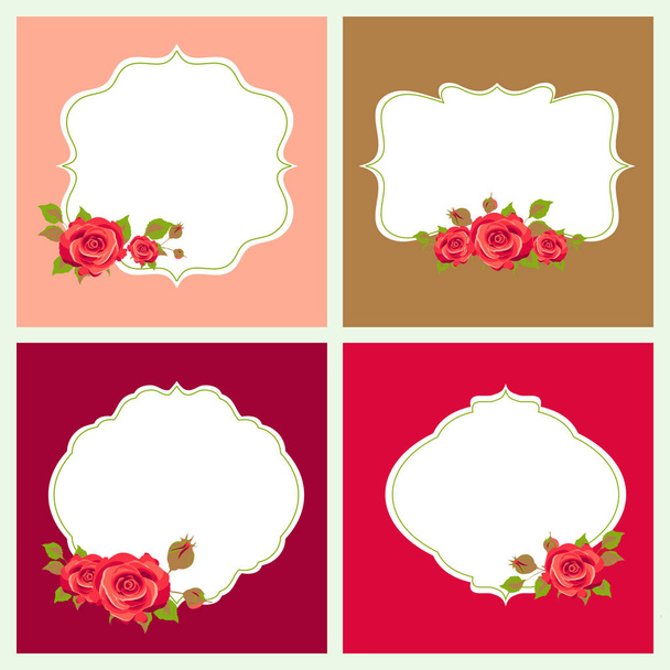 collection of greeting cards with rose flowers and empty frames, vector, illustration - Vektör, Görsel