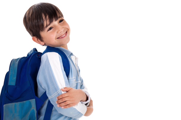 αγόρι έτοιμο για το σχολείο με την τσάντα του - Φωτογραφία, εικόνα