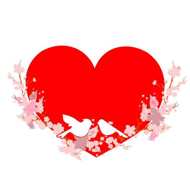 Kırmızı kalp ve dalları çiçeği çiçek ve beyaz arka plan, vektör, illüstrasyon izole kuşlar ile romantik kartı - Vektör, Görsel