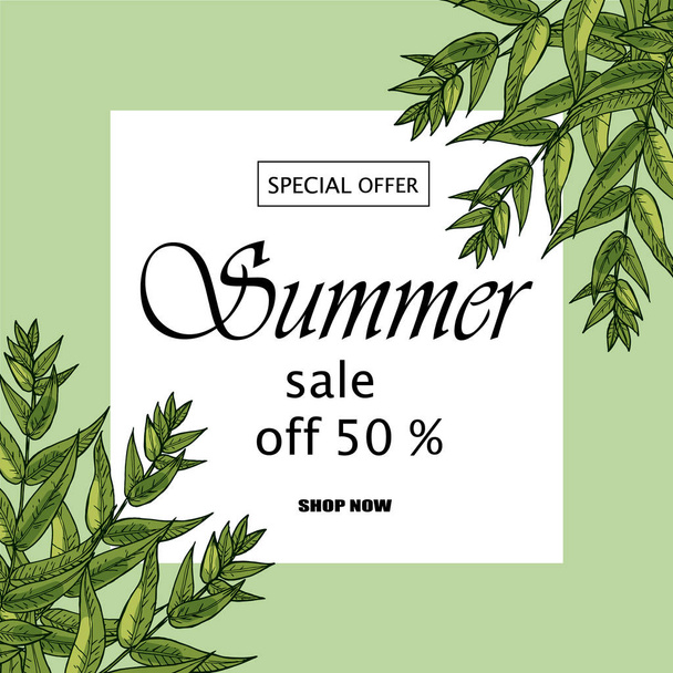 Sale banner, poster with palm leaves, jungle leaf and handwriting lettering. - Вектор, зображення