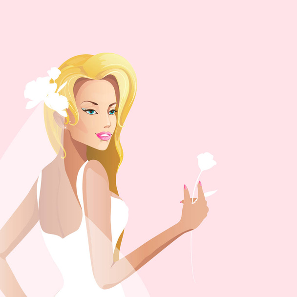 beautiful bride in white wedding dress holding flower, vector, illustration - Vetor, Imagem