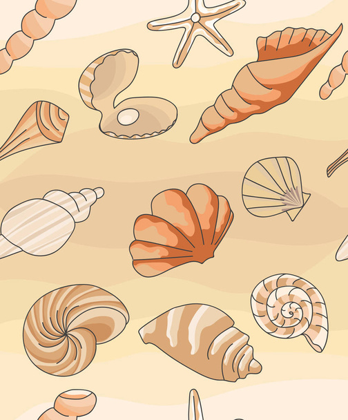  pattern with seashells, vector illustration.Summer concept with seashells and starfish. - Vektör, Görsel
