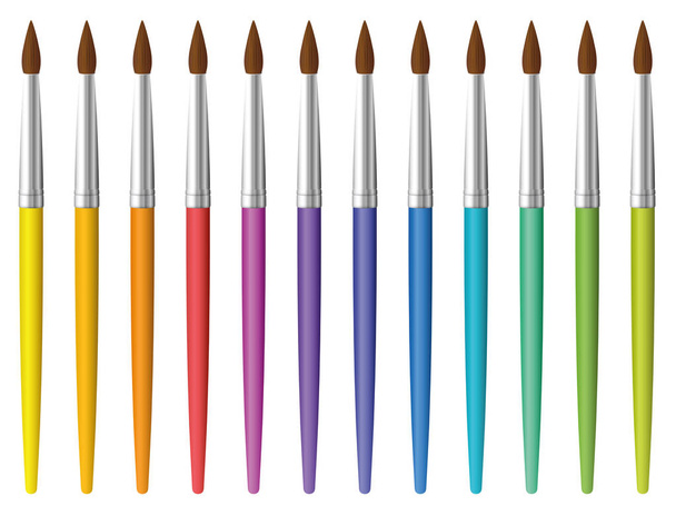 Pincéis de tinta. Conjunto de doze pincéis coloridos de arco-íris - vetor no fundo branco
. - Vetor, Imagem