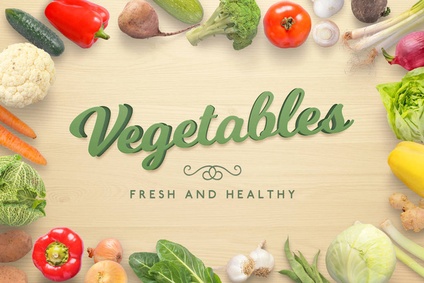 Vegetables 3D text on wooden kitchen table surrounded with fresh vegetables from market. - Photo, Image