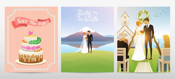 Newlyweds card. Bride And Groom. Wedding ceremony. Valentines Day. vector illustration. Love concept. Just married, summer landscape. Vintage Poster Banner. Rustic background. - Vector, Image