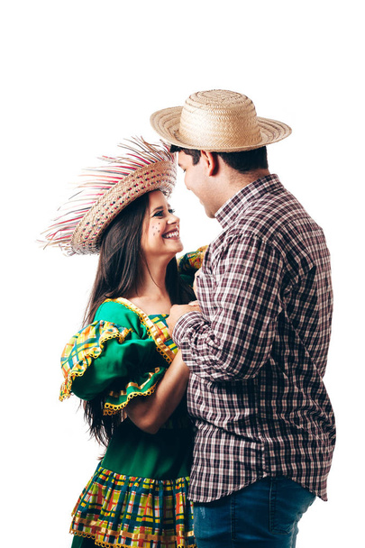 Young Brazilian couple wearing typical clothes for Festa Junina - Фото, изображение