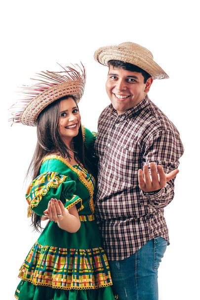 Young Brazilian couple wearing typical clothes for Festa Junina - Fotoğraf, Görsel