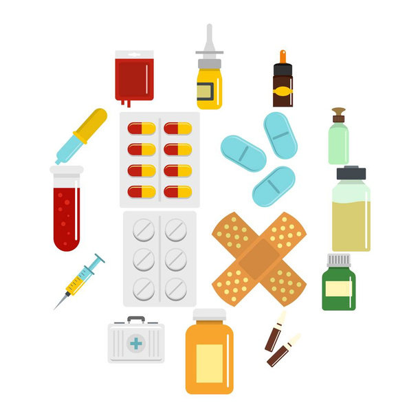 Different drugs icons set in flat style - Vector, imagen