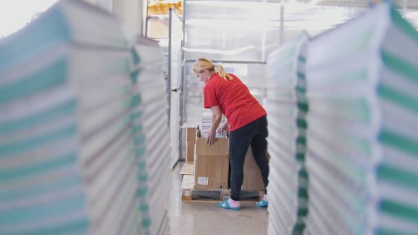 Female worker puts printed magazines in a box through the paper stacks - Photo, Image