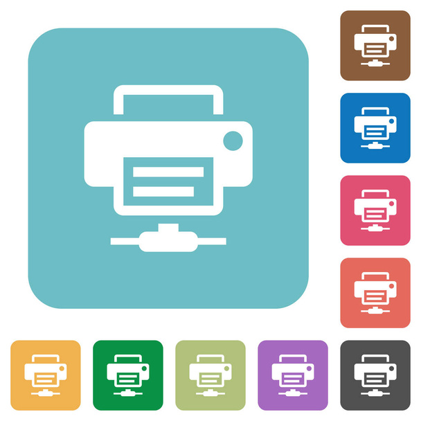 Network printer white flat icons on color rounded square backgrounds - Vector, Image