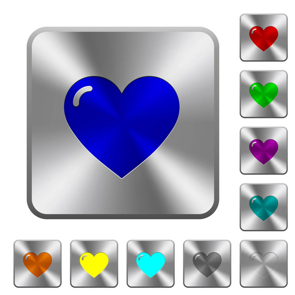 Heart shape engraved icons on rounded square glossy steel buttons - ベクター画像