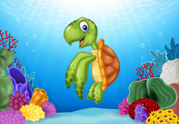 Cartoon schildpad met prachtige onderwaterwereld - Vector, afbeelding