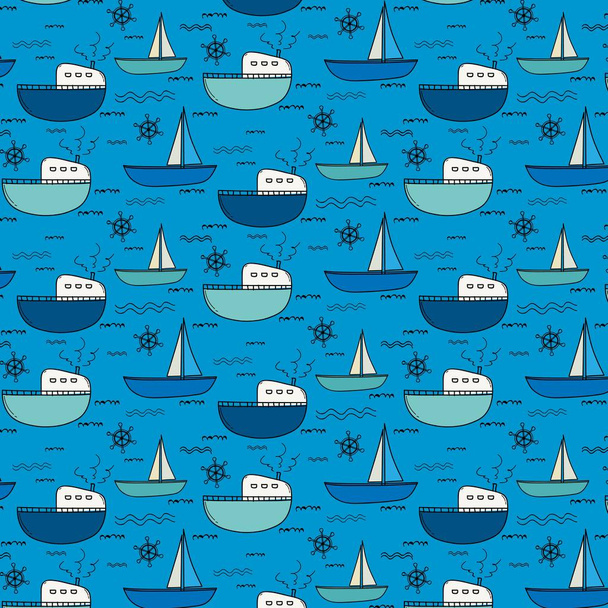 Hand Drawn Fishing Boat Pattern Background. Vector Illustration. - Vektör, Görsel
