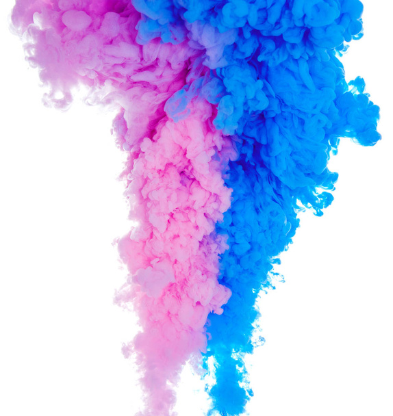 Abstract paint background color of blue and pink ink splash in the water isolated on white background - Photo, Image