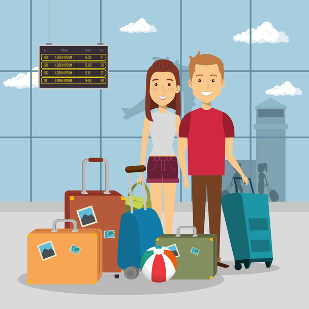 pareja de viajeros en los personajes del aeropuerto
 - Vector, imagen