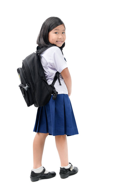Azjatyckie dziewczyna student szkoła torba na białym tle na białym tle, powrót do koncepcji szkoły - Zdjęcie, obraz