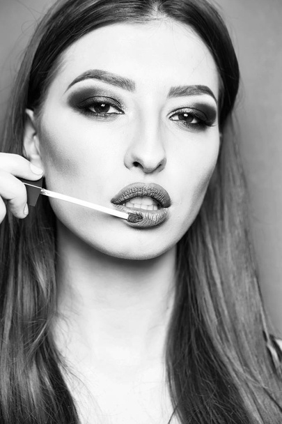 sexy woman with beige lipstick - Фото, зображення