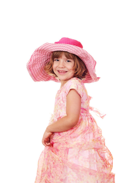 happy little girl with big hat on white - Photo, Image