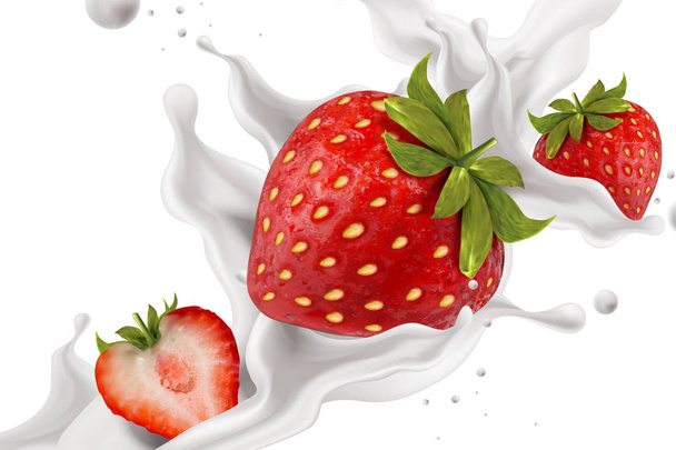 Close up look at splashing strawberry yogurt with fresh fruit in 3d illustration - Vetor, Imagem