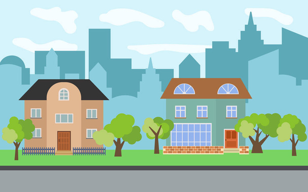 Vector city with two two-story cartoon houses and green trees in the sunny day. Summer urban landscape. Street view with cityscape on a backgroun - Vector, Image