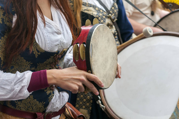Medieval instrument drum close- up during festival in Europe - Фото, зображення