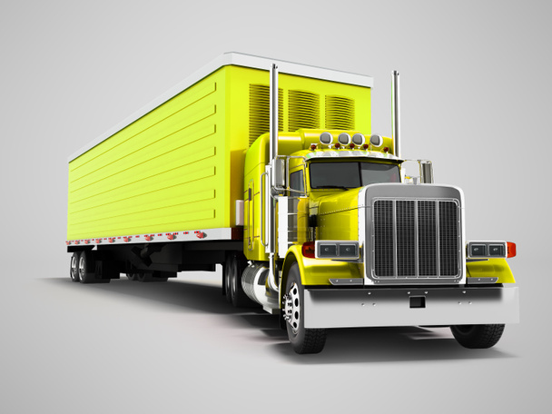 Vrachtwagen geel met de 3d render gele aanhangwagen op grijze achtergrond met schaduw - Foto, afbeelding