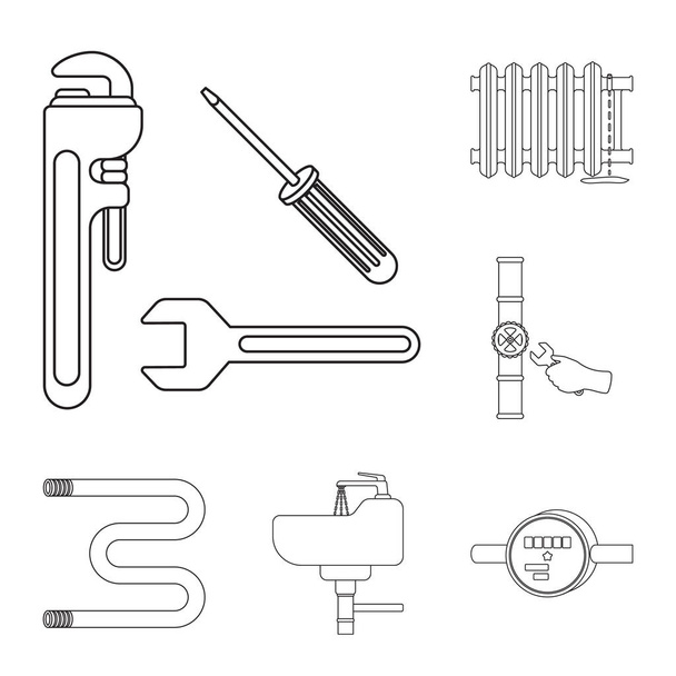 Plumbing, fitting outline icons in set collection for design. Equipment and tools vector symbol stock web illustration. - Vektör, Görsel