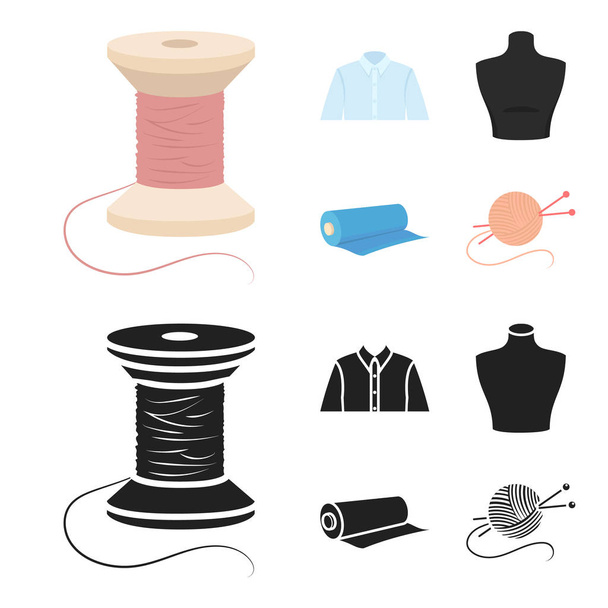 A man shirt, a mannequin, a roll of fabric, a ball of threads and knitting needles.Atelier set collection icons in cartoon,black style vector symbol stock illustration web. - Vecteur, image