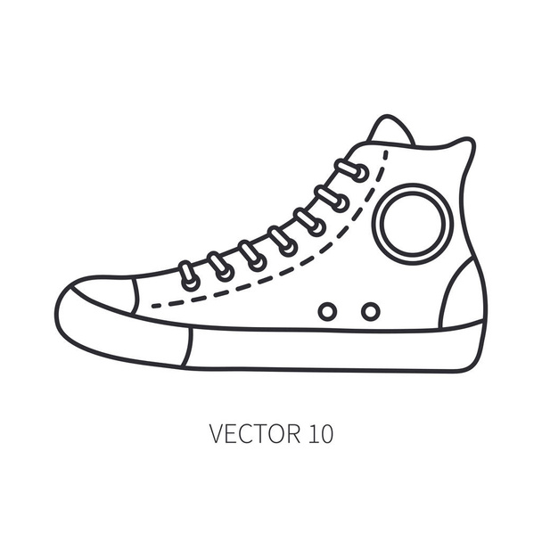 Retro travel shoe sneaker vector line icon. Summer travel vacation, tourism, camping equipment. Teenage 1960s style. Outdoor family picnic sign and symbol. Nature trip. Hiking. Lifestyle grunge design - Wektor, obraz