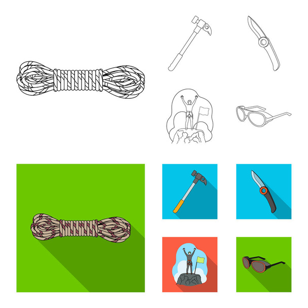 Climber on conquered top, coil of rope, knife, hammer.Mountaineering set collection icons in outline,flat style vector symbol stock illustration web. - Διάνυσμα, εικόνα