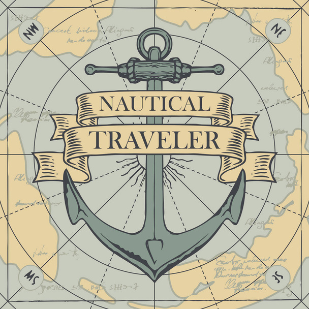 Vector banner with a ship anchor and ribbons with words Nautical, Traveler. Illustration on the theme of travel, adventure and discovery on the background of old map in retro style - Vektor, obrázek